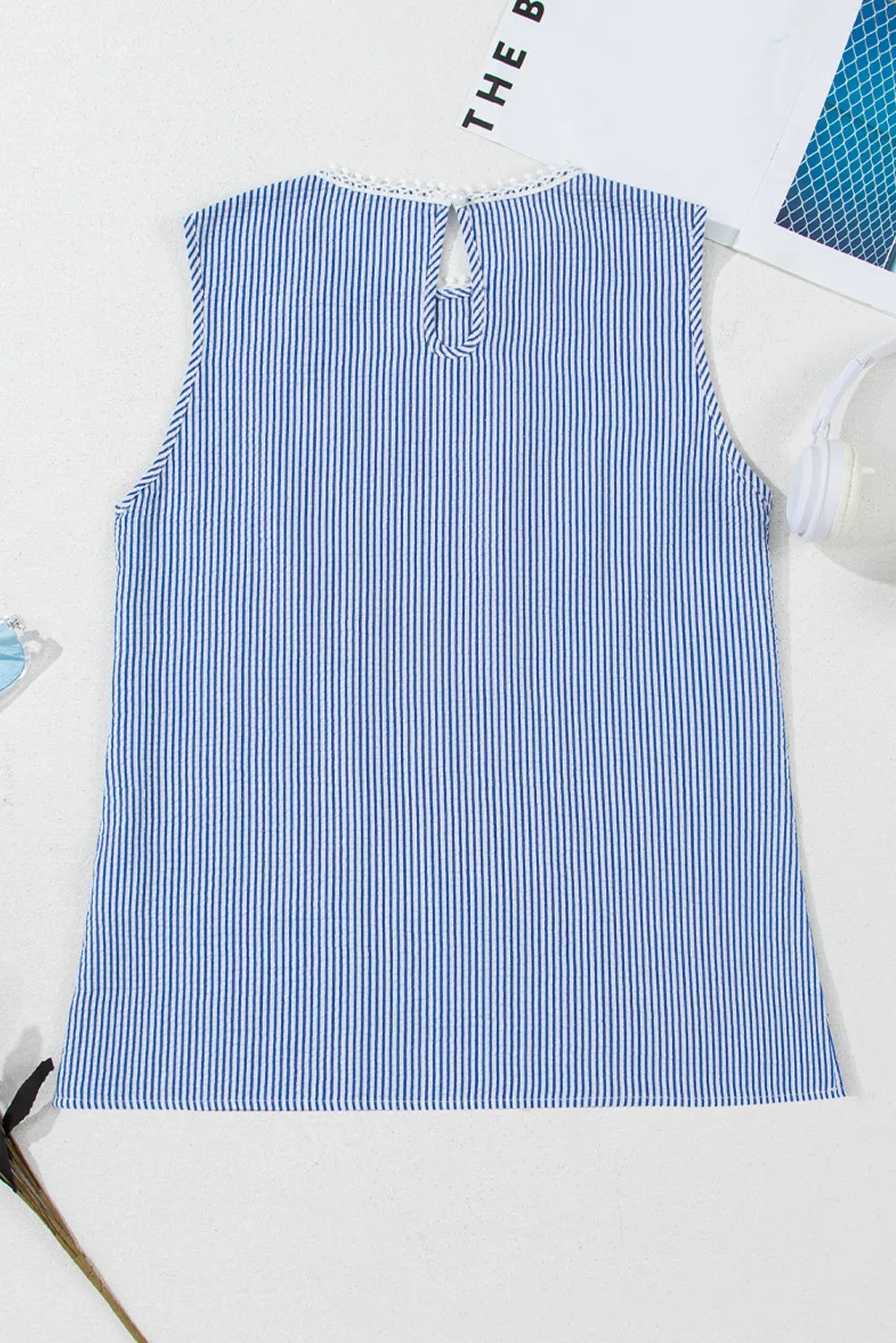 Sky Blue Stripe Lace Patchwork Crew Neck Tank Top
