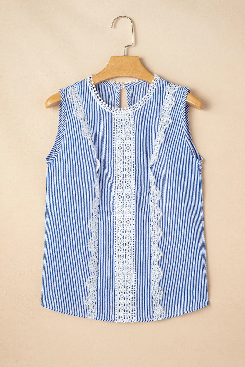 Sky Blue Stripe Lace Patchwork Crew Neck Tank Top