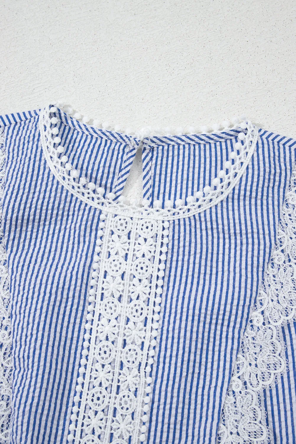 Sky Blue Stripe Lace Patchwork Crew Neck Tank Top