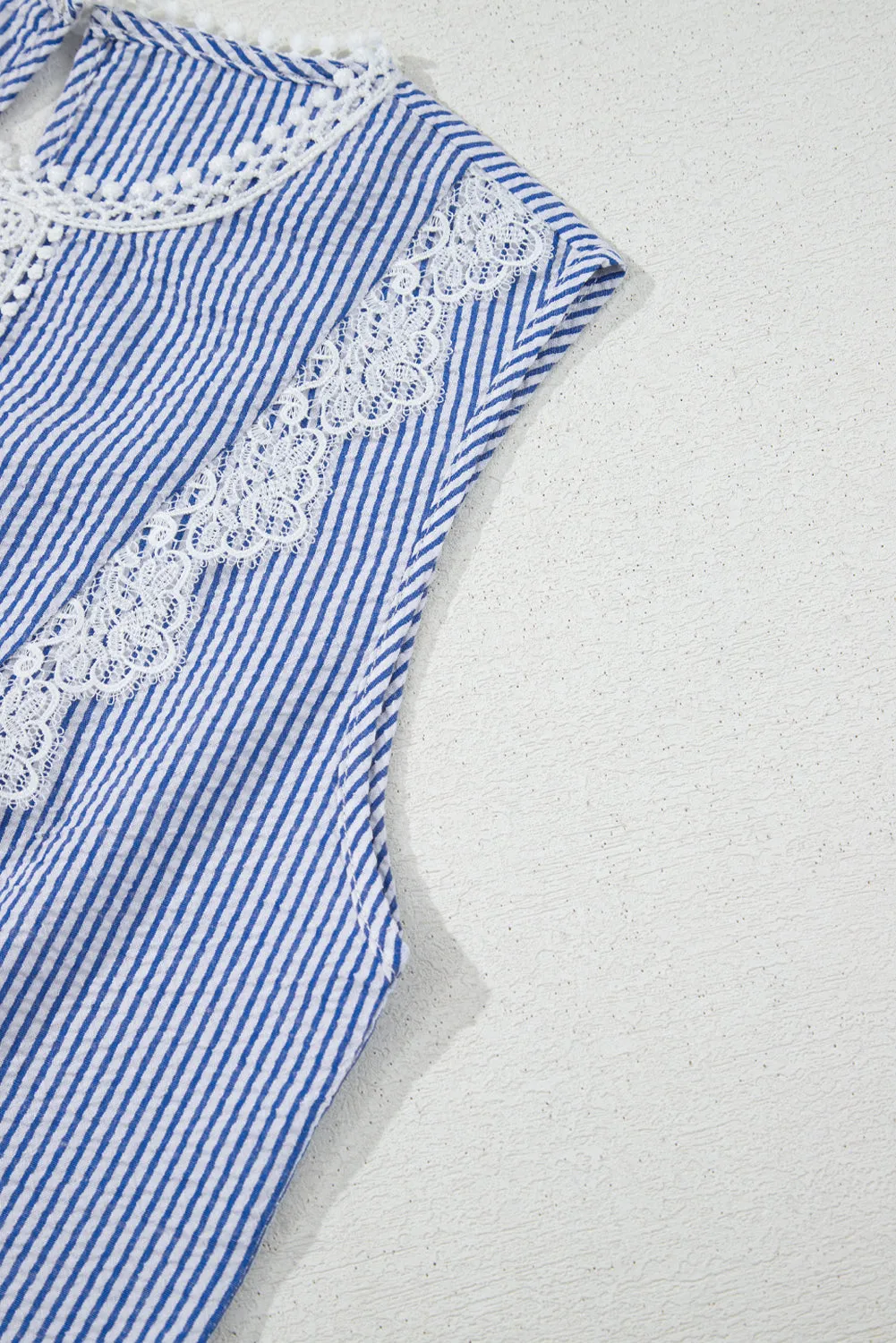 Sky Blue Stripe Lace Patchwork Crew Neck Tank Top