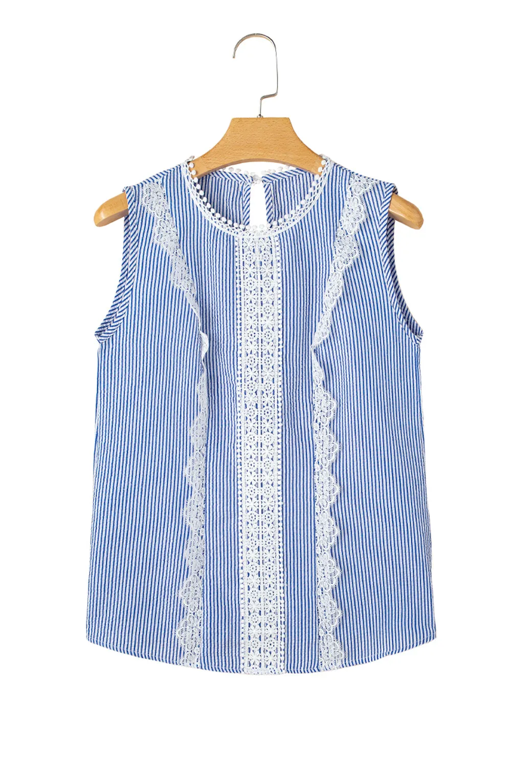 Sky Blue Stripe Lace Patchwork Crew Neck Tank Top