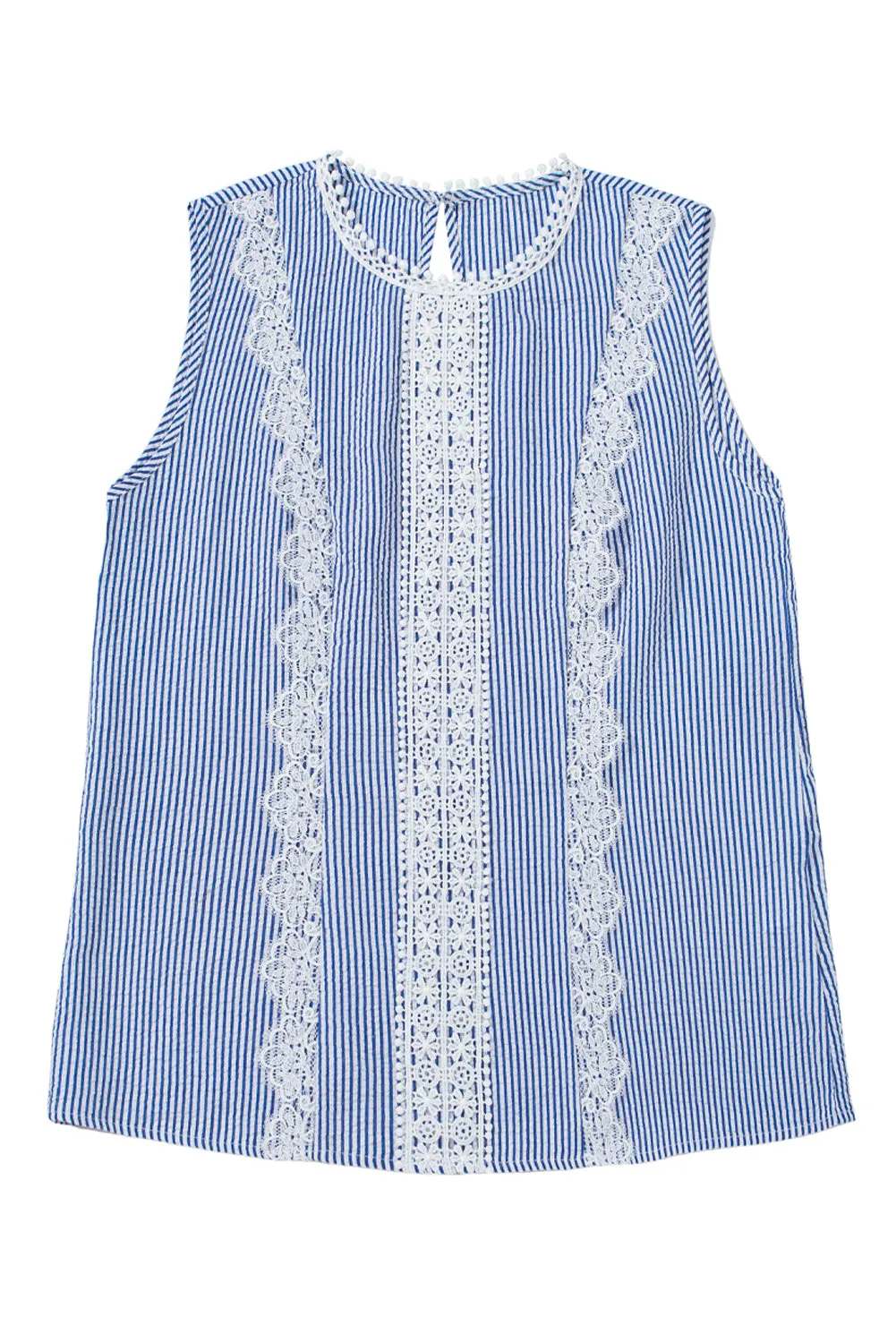 Sky Blue Stripe Lace Patchwork Crew Neck Tank Top