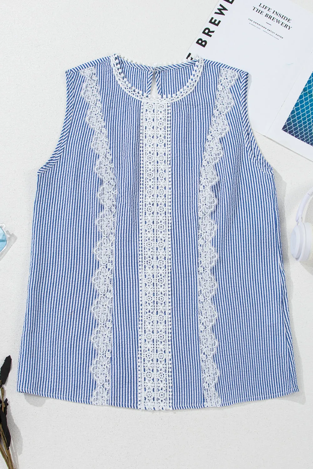 Sky Blue Stripe Lace Patchwork Crew Neck Tank Top