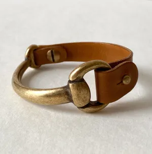 Small Antique Brass Snaffle Bit Bracelet with Cognac Brown Leather Cuff