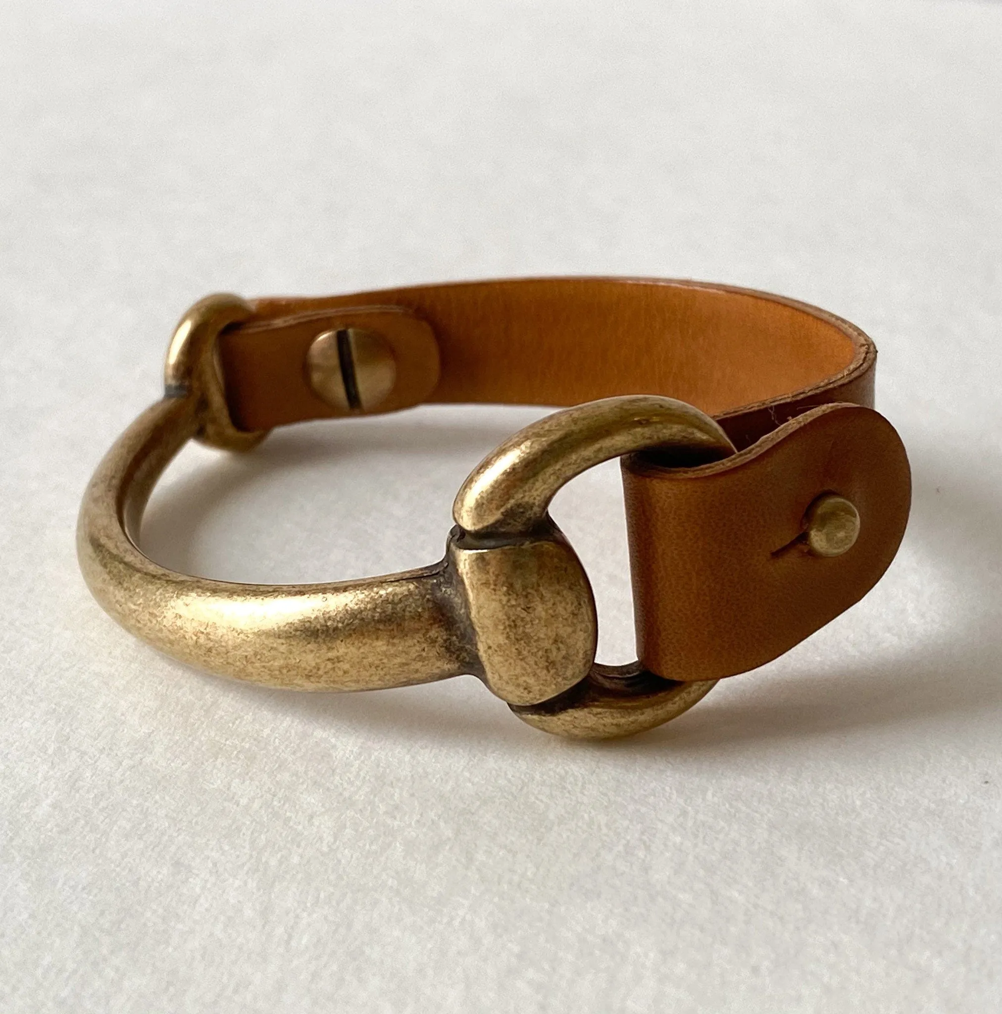 Small Antique Brass Snaffle Bit Bracelet with Cognac Brown Leather Cuff