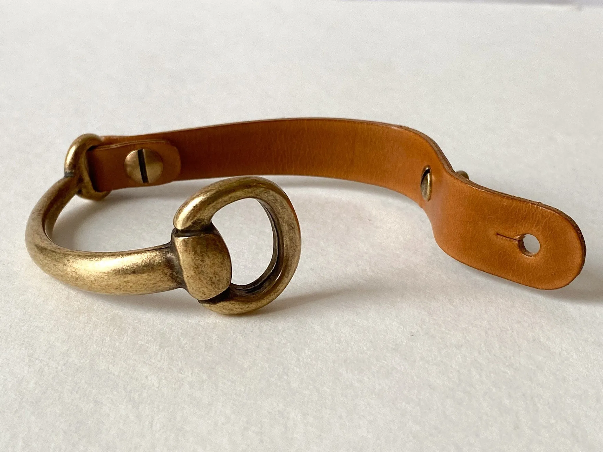 Small Antique Brass Snaffle Bit Bracelet with Cognac Brown Leather Cuff