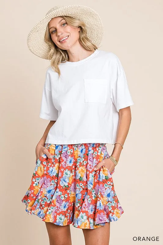 Soft Floral Prints Flare Shorts - Orange