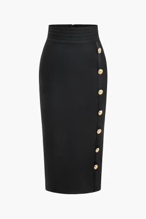 Solid-colored vintage knit skirt with asymmetric buttons 