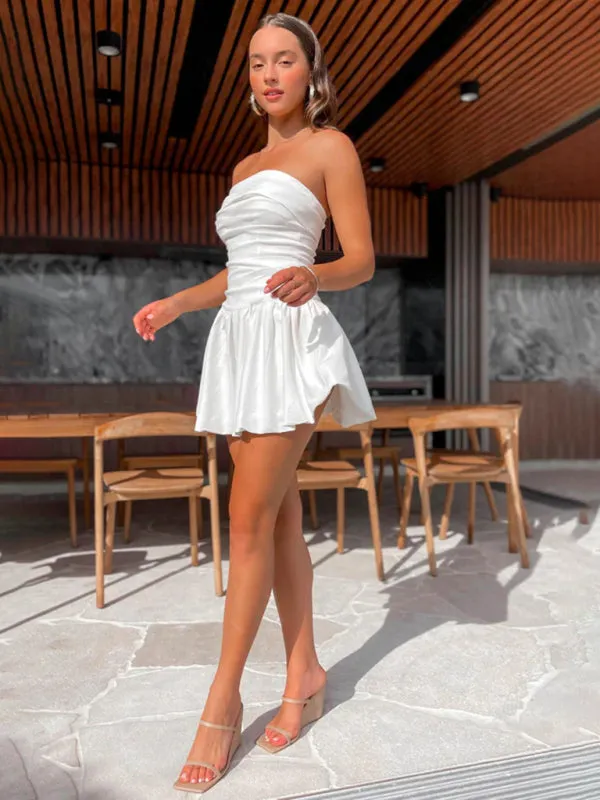 Strapless Mini Dress with Pleated Bodice and Flared Skirt