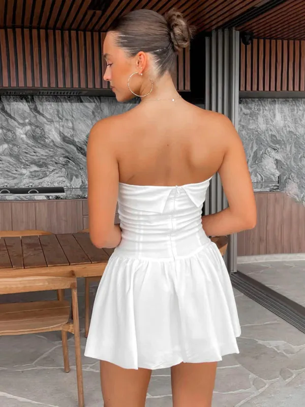 Strapless Mini Dress with Pleated Bodice and Flared Skirt