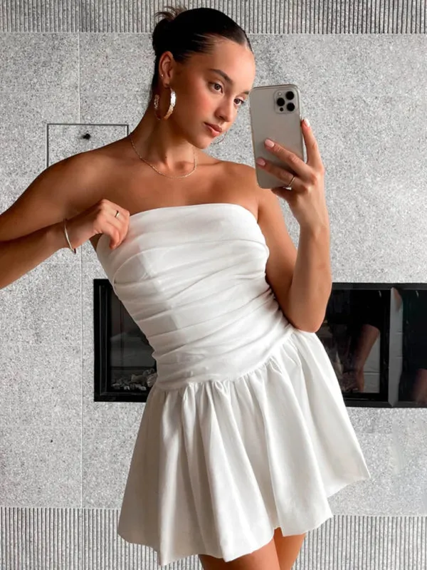 Strapless Mini Dress with Pleated Bodice and Flared Skirt