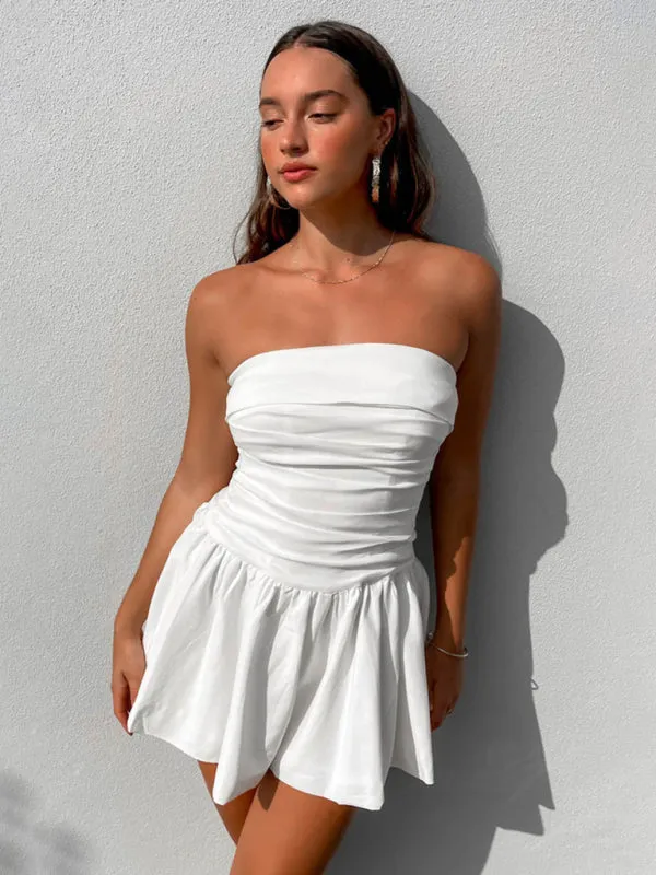 Strapless Mini Dress with Pleated Bodice and Flared Skirt