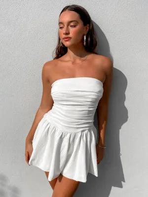 Strapless Mini Dress with Pleated Bodice and Flared Skirt