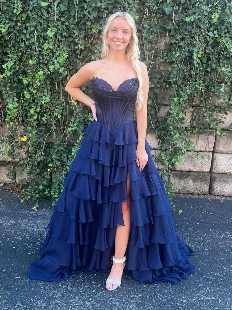 Strapless Yellow Blue Lace Layered Long Prom Dresses, Strapless Sweetheart Neck Blue Yellow Layered Lace Formal Evening Dresses