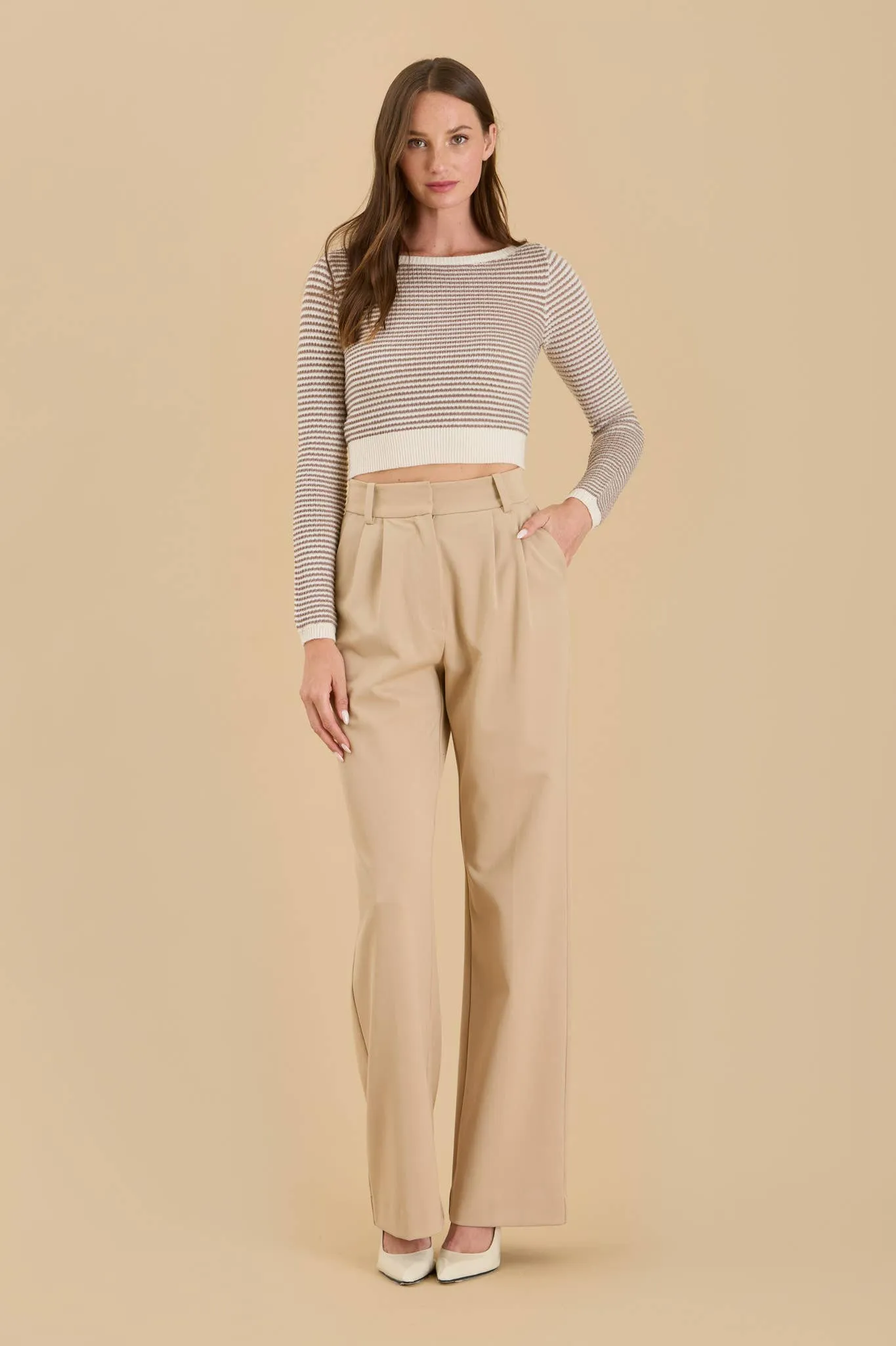STRIPE BOAT NECK KNIT LONG SLEEVE CROPPED SWEATER