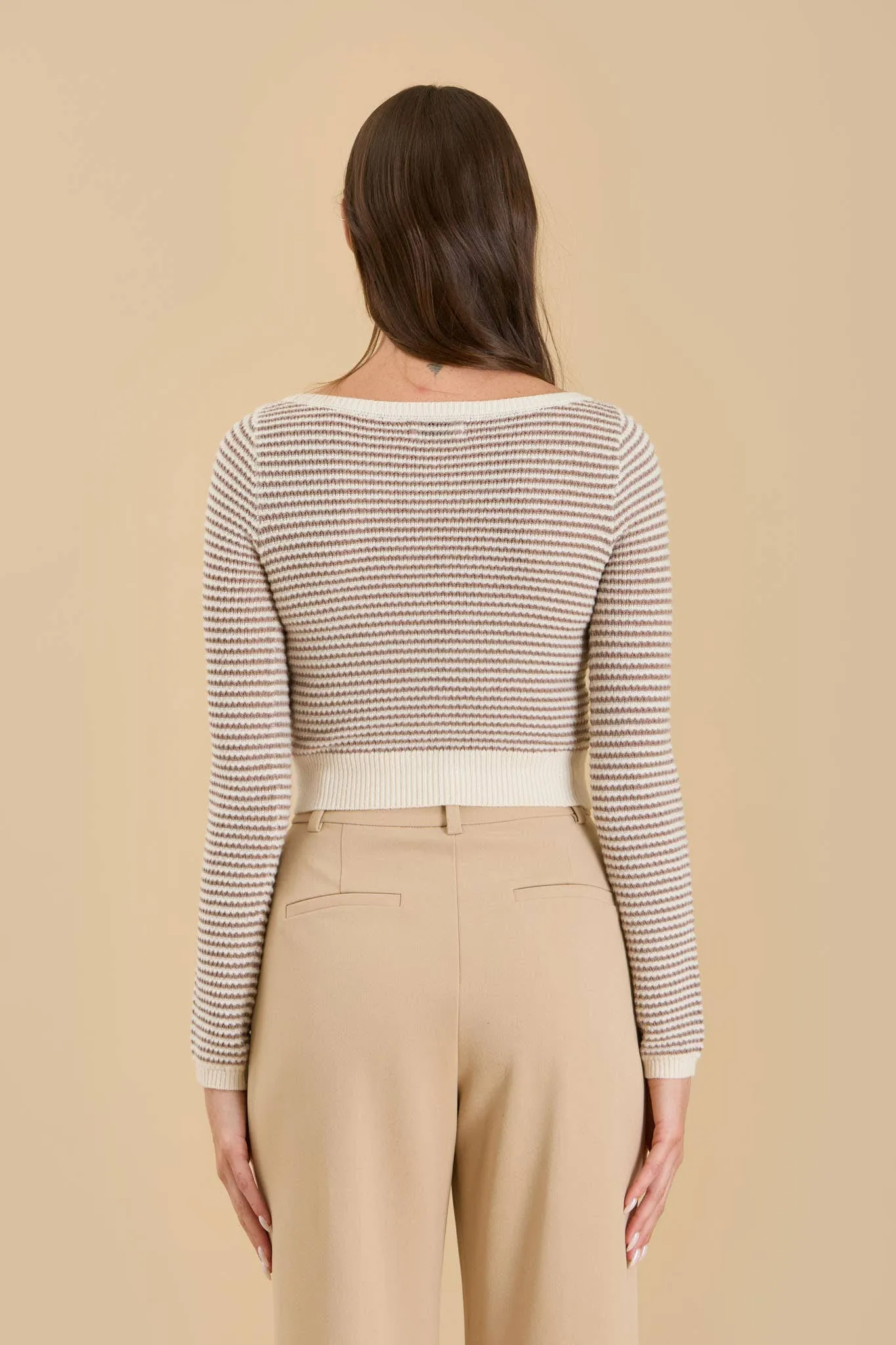 STRIPE BOAT NECK KNIT LONG SLEEVE CROPPED SWEATER