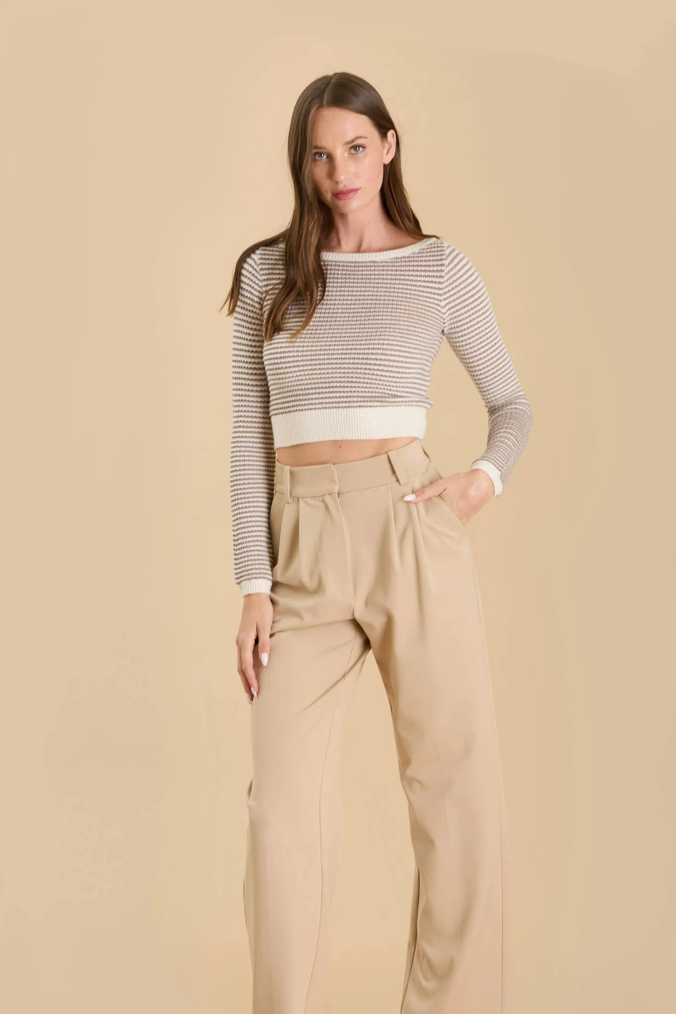 STRIPE BOAT NECK KNIT LONG SLEEVE CROPPED SWEATER