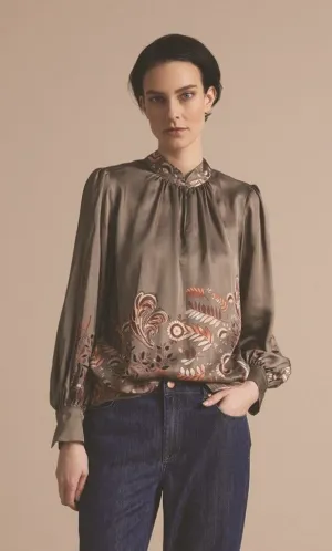 Summum Leaves Top With Long Puff Sleeves