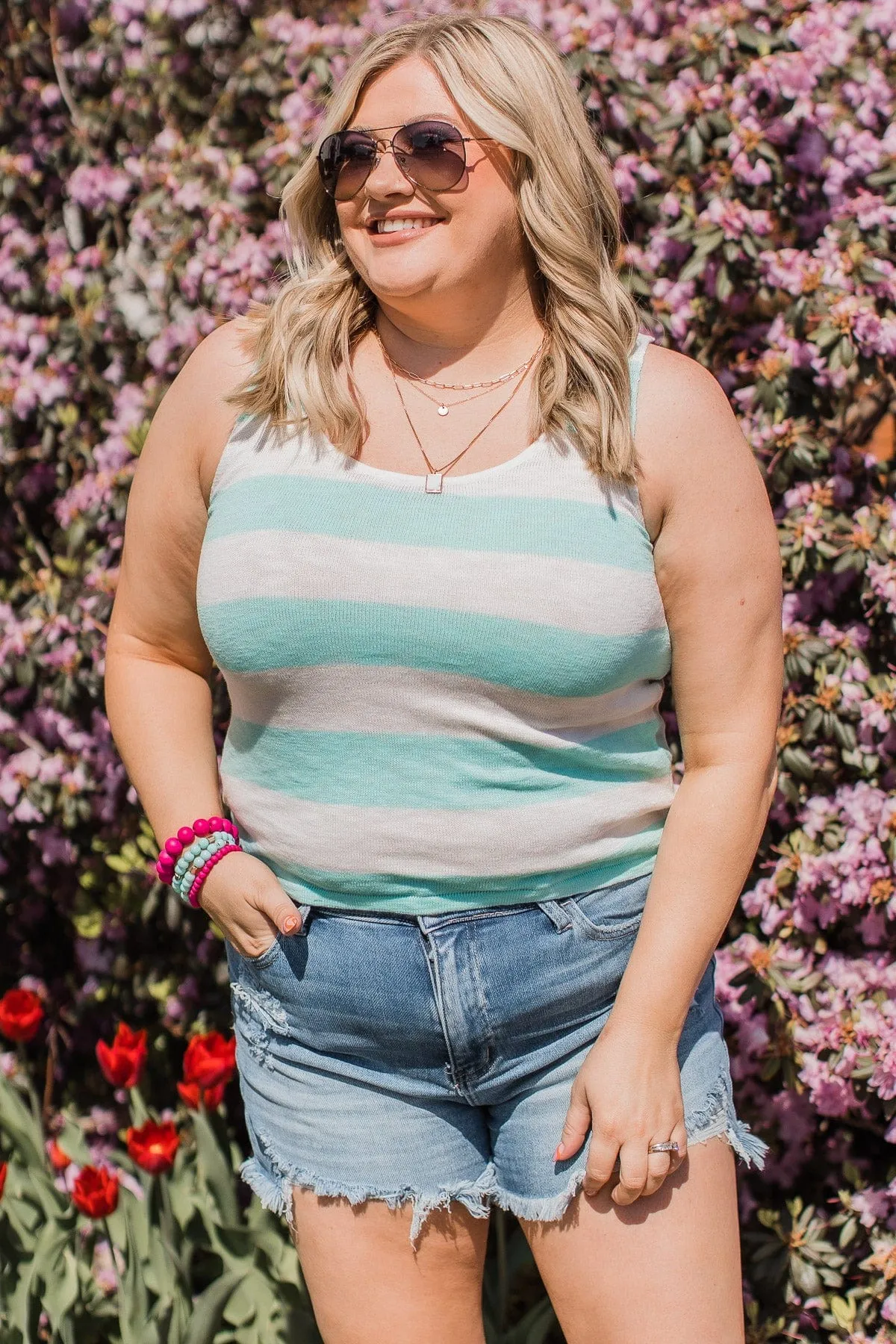 Sweet Optimism Striped Tank Top- Ivory & Aqua