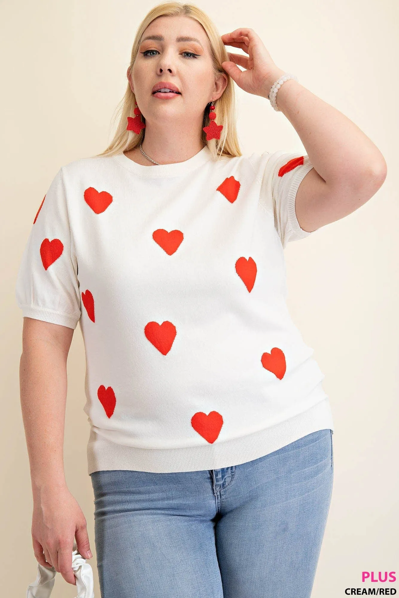 Sweetheart Short Sleeve Heart Print Sweater (2 colors)