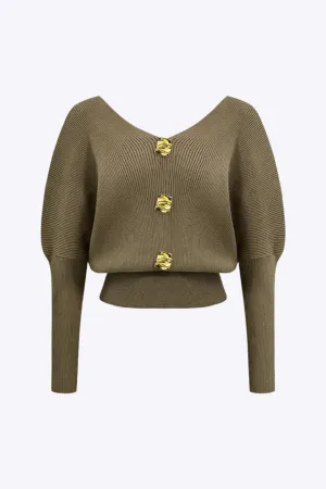 Tammy - Solid Button V Neck Woman's Sweater