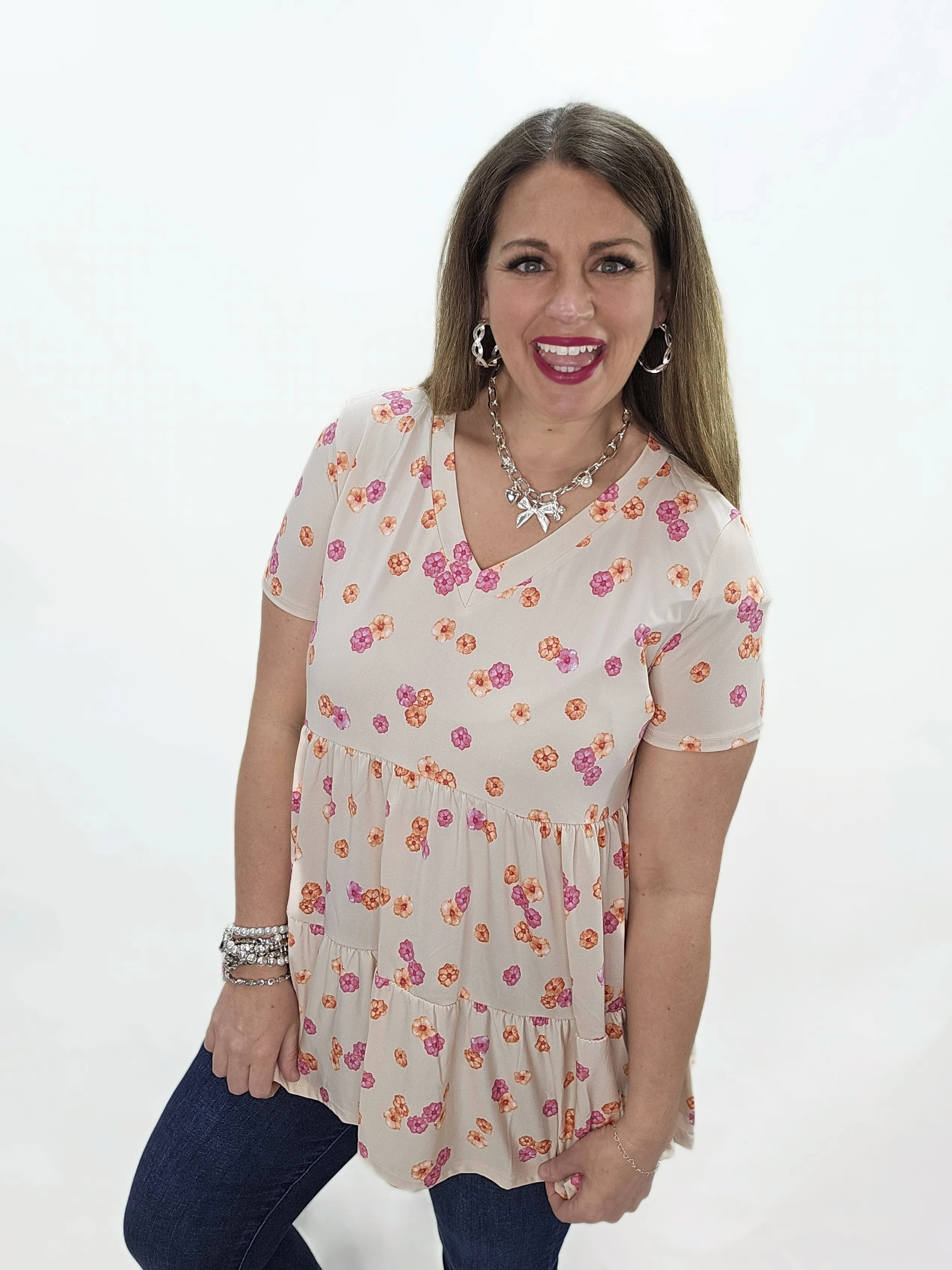TAUPE/CORAL/PINK FLORAL TIERED TOP