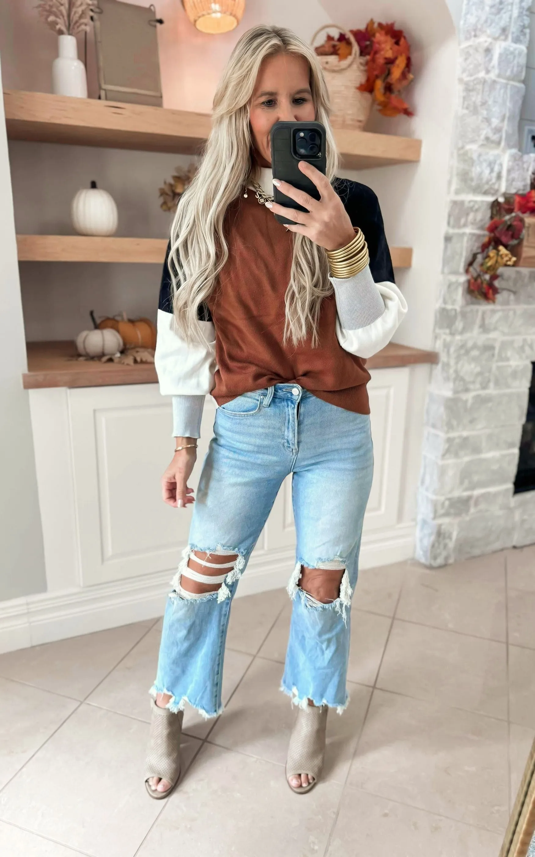 Terracotta Colorblock Mock Neck Sweater Top