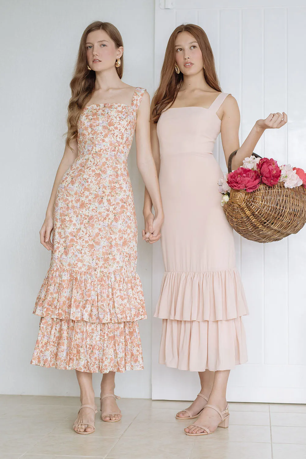 TIA Layered Ruffle Midi Dress with Thick Straps (Blush)