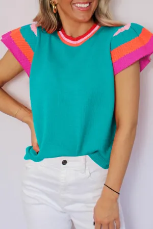 Turquoise Knitted Contrast Sleeve Round Neck Tee