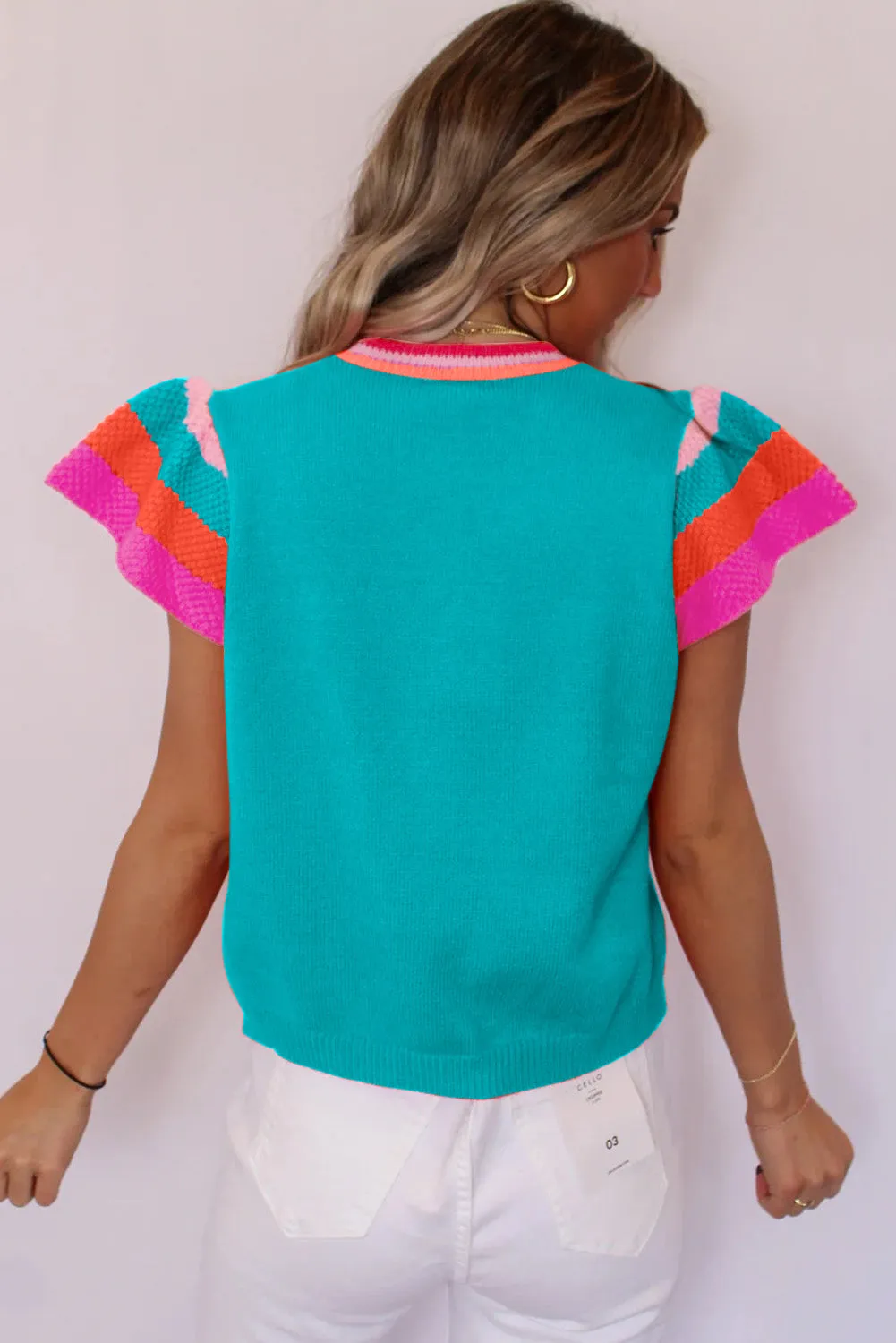 Turquoise Knitted Contrast Sleeve Round Neck Tee