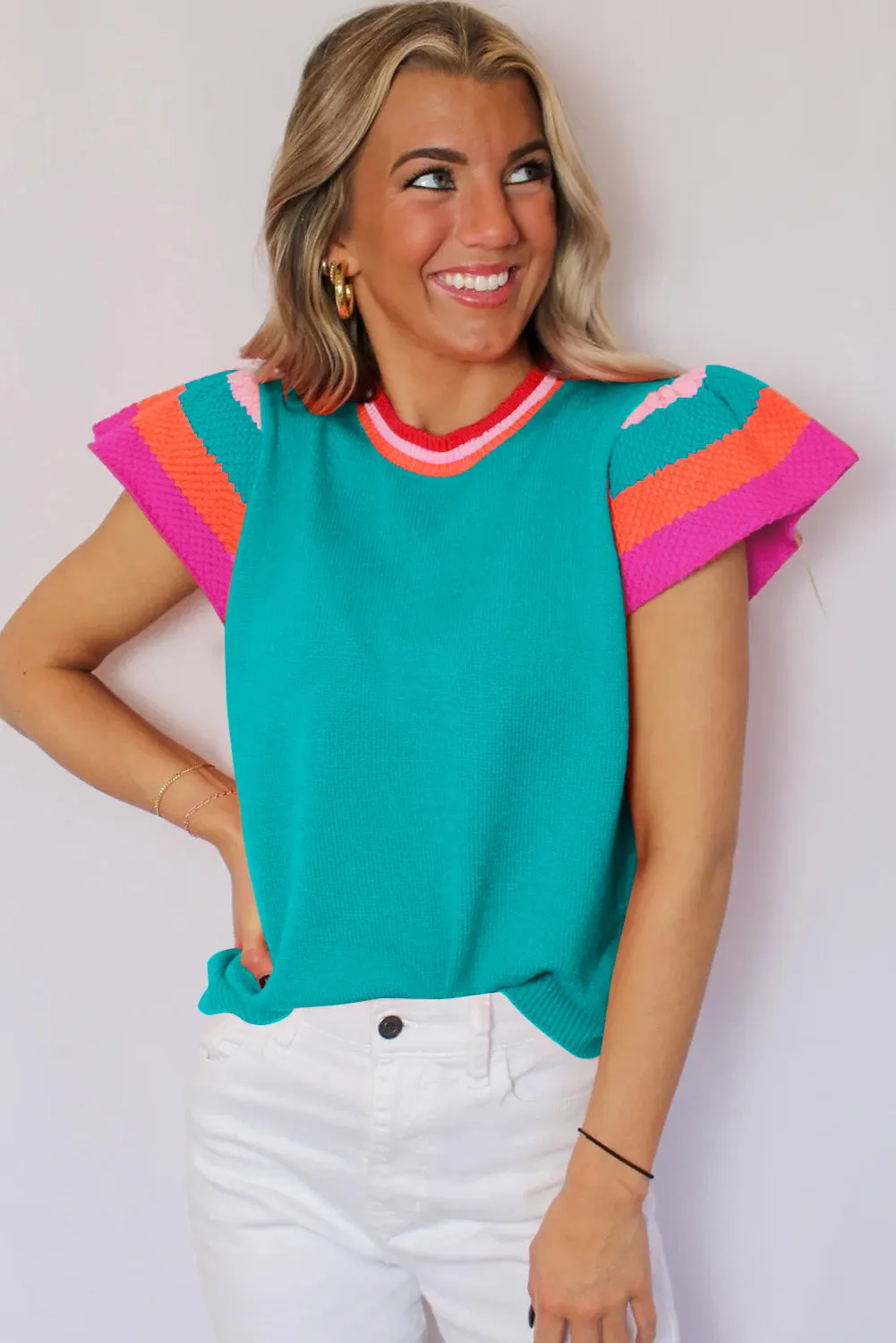 Turquoise Knitted Contrast Sleeve Round Neck Tee