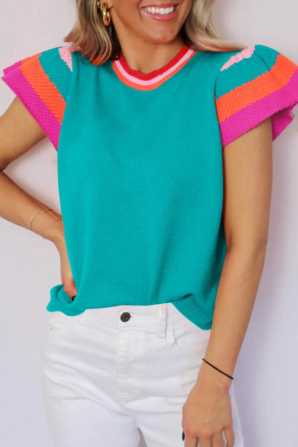Turquoise Knitted Contrast Sleeve Round Neck Tee