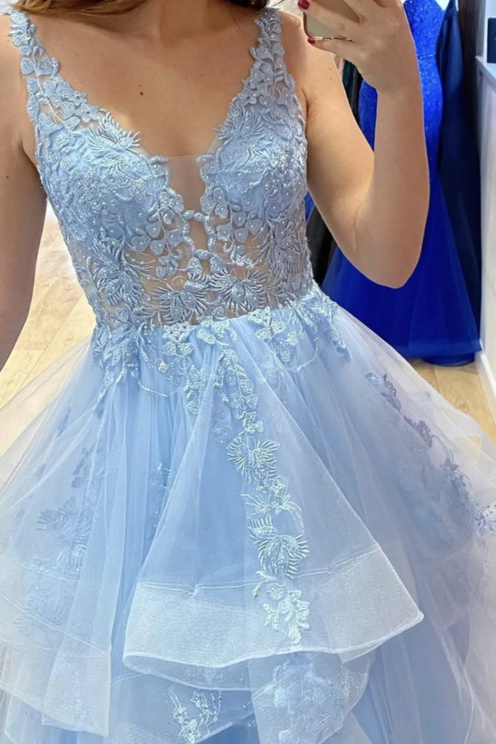 V Neck Fluffy Blue Lace Long Prom Dress, Blue Lace Formal Dress, Layered Blue Evening Dress