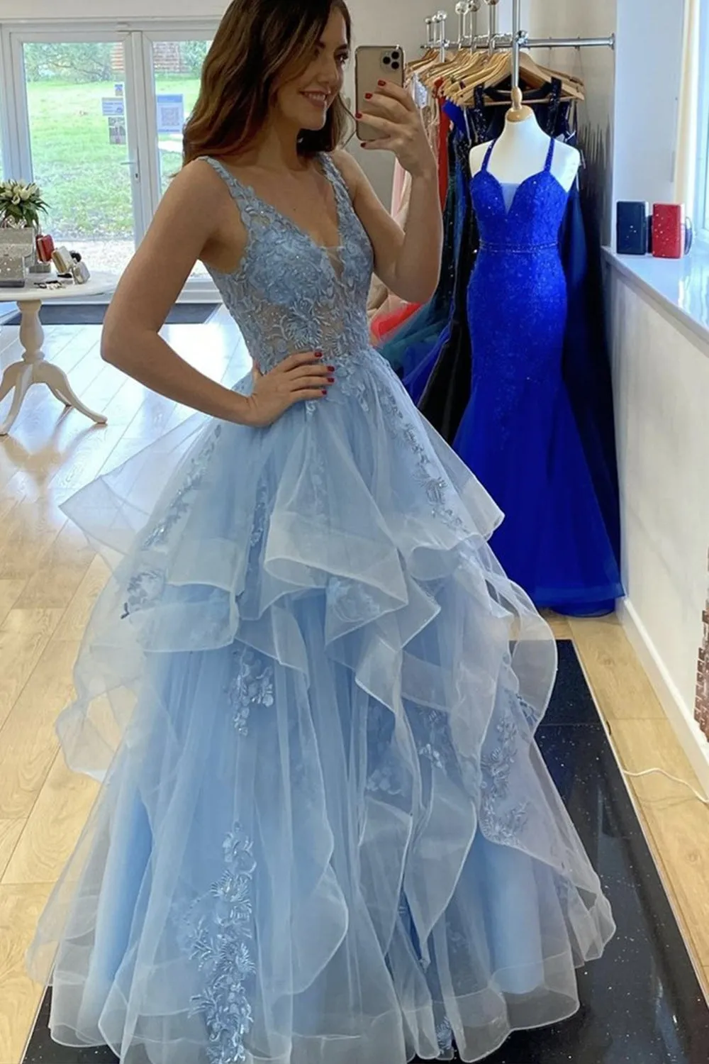 V Neck Fluffy Blue Lace Long Prom Dress, Blue Lace Formal Dress, Layered Blue Evening Dress