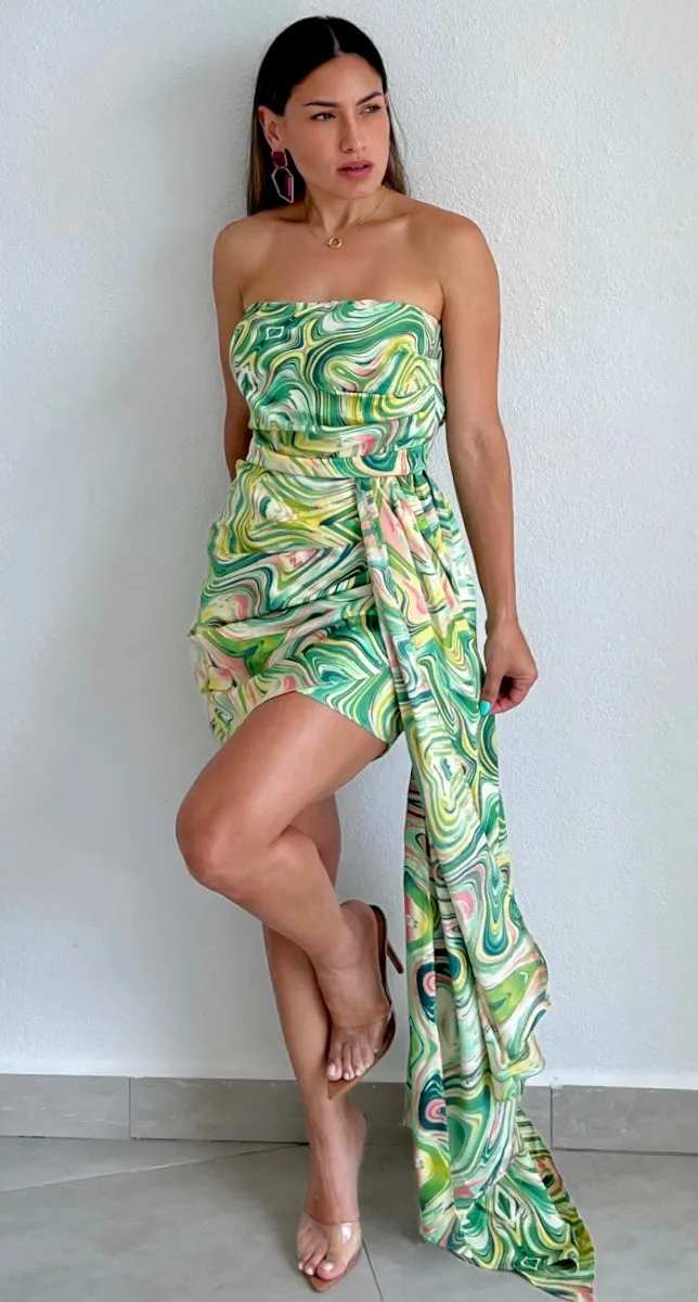 Vibrant Romance Marble Print Strapless Dress