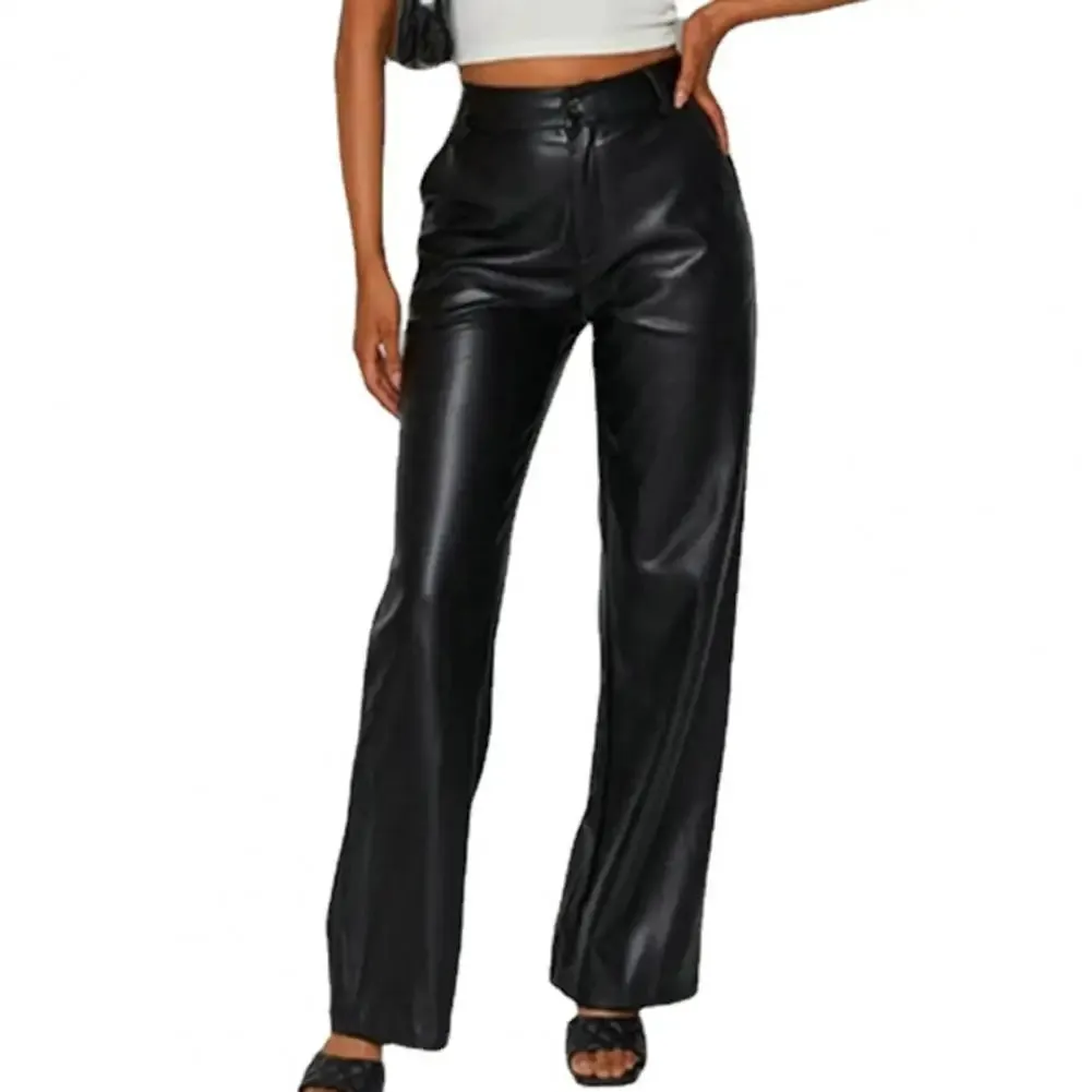 Vintage High-Waisted Faux Leather Pants – Loose Fit with Comfortable Elastic Waist