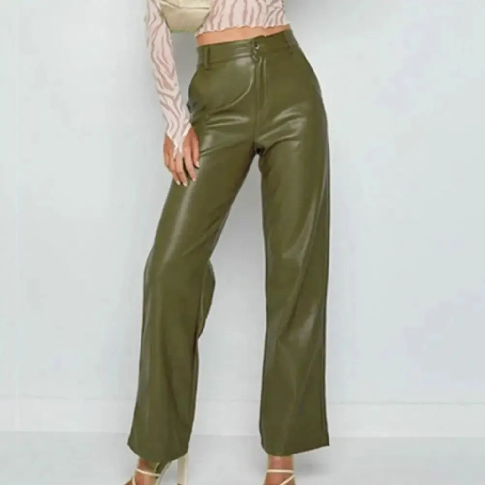Vintage High-Waisted Faux Leather Pants – Loose Fit with Comfortable Elastic Waist