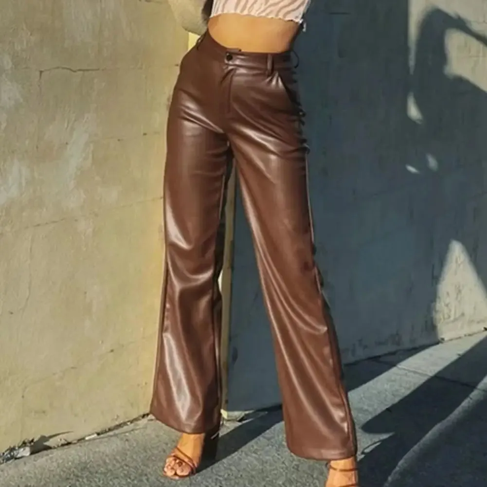Vintage High-Waisted Faux Leather Pants – Loose Fit with Comfortable Elastic Waist