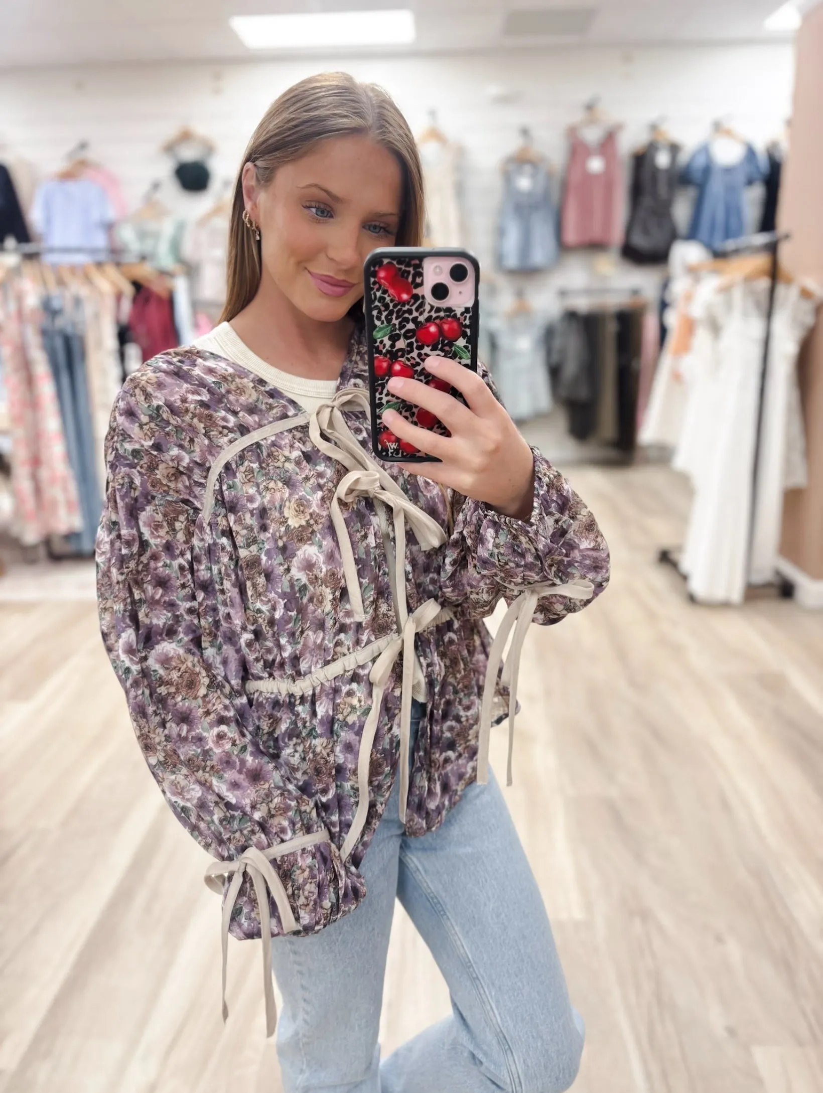 Violet Floral Print Tie-Front Long Sleeve Top