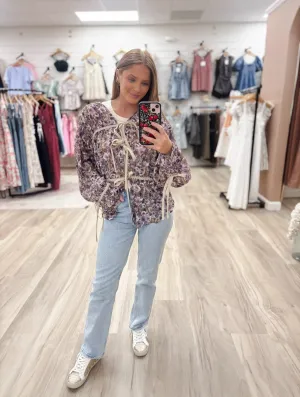 Violet Floral Print Tie-Front Long Sleeve Top