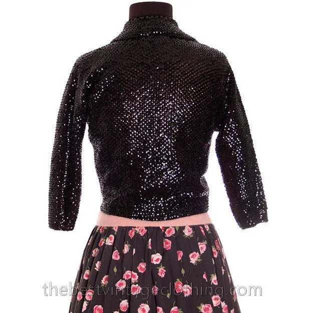 VTG 1950s Sweater Black Saks Fifth Ave  Sequin Shrug Womens S M