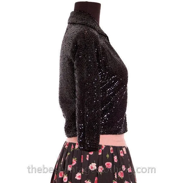 VTG 1950s Sweater Black Saks Fifth Ave  Sequin Shrug Womens S M
