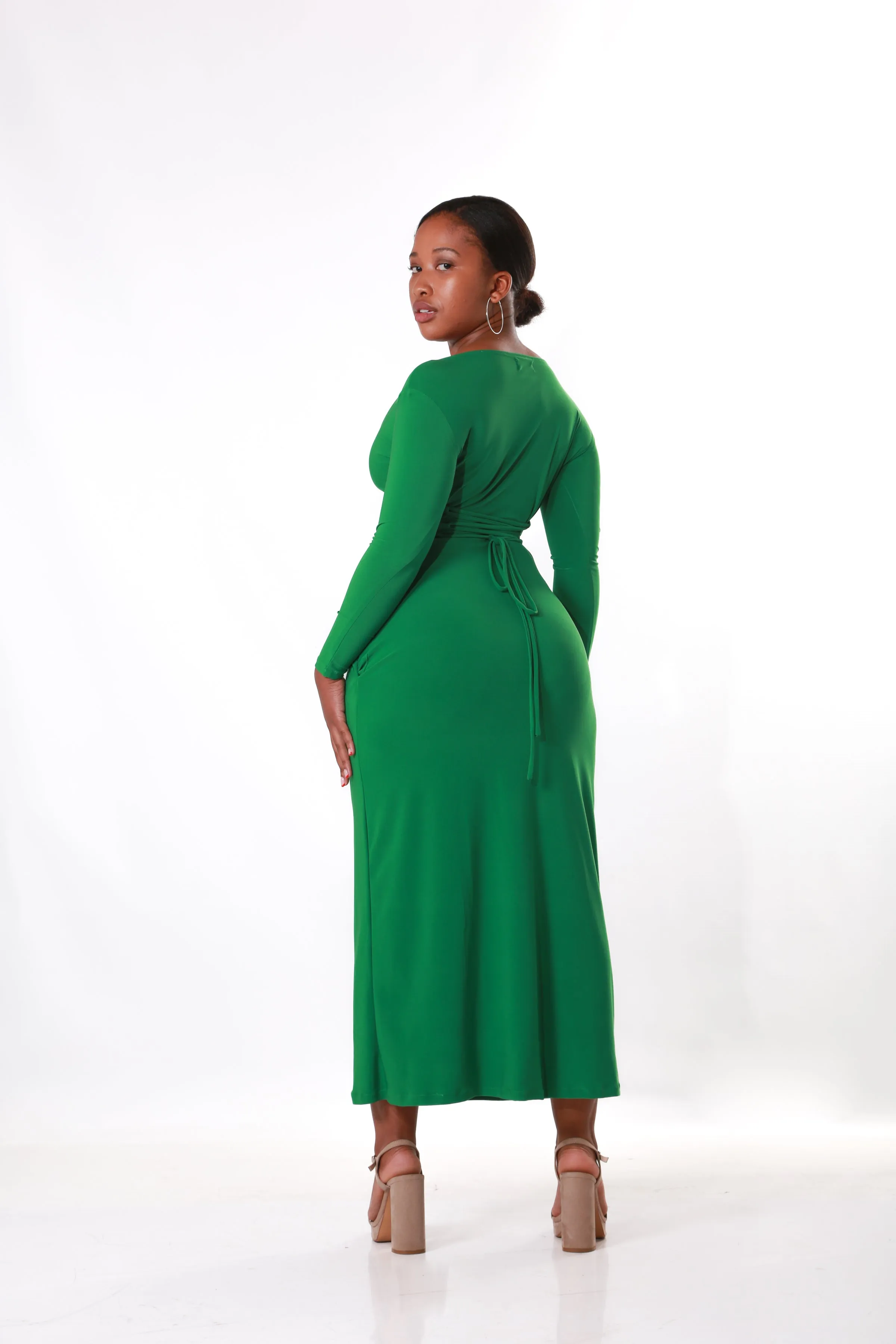 Waist Cinching Maxi Dress- Green