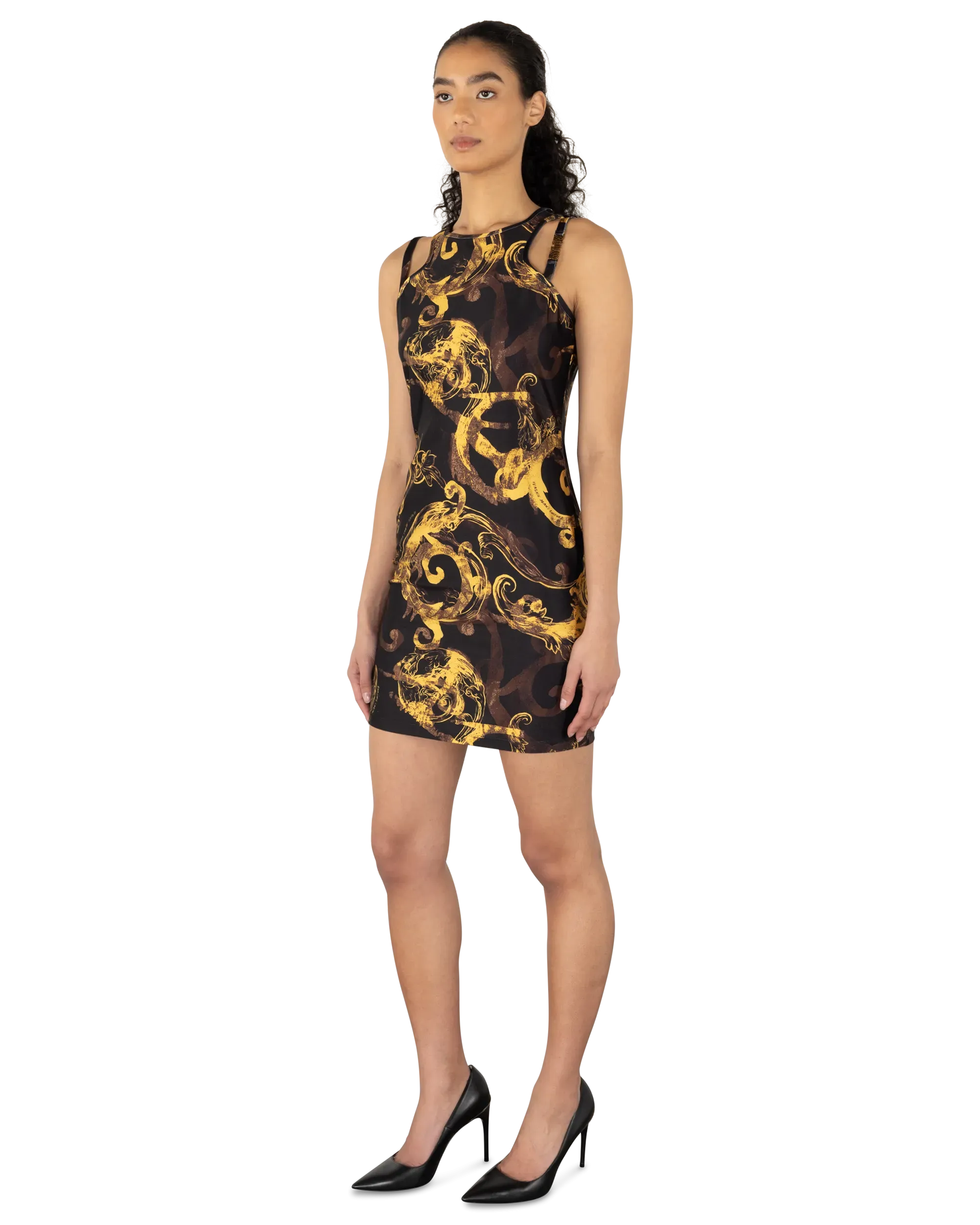 Watercolor Baroque Printed Double Strap Mini Dress