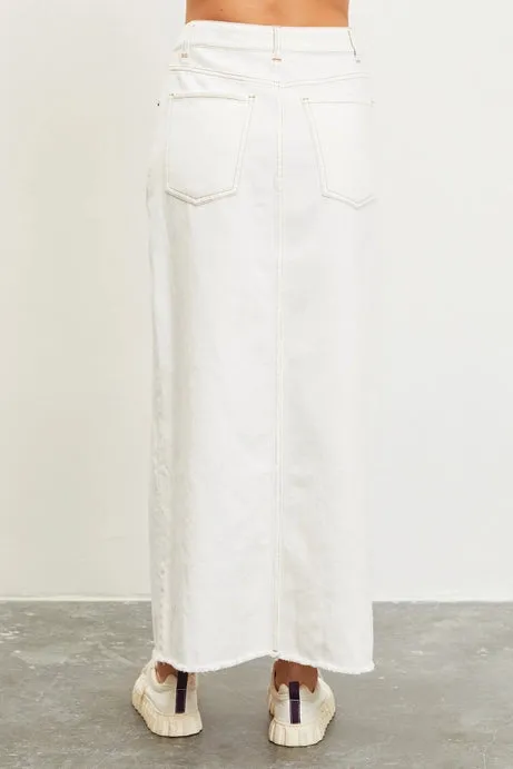 White Color Front Slit Long Denim Skirt