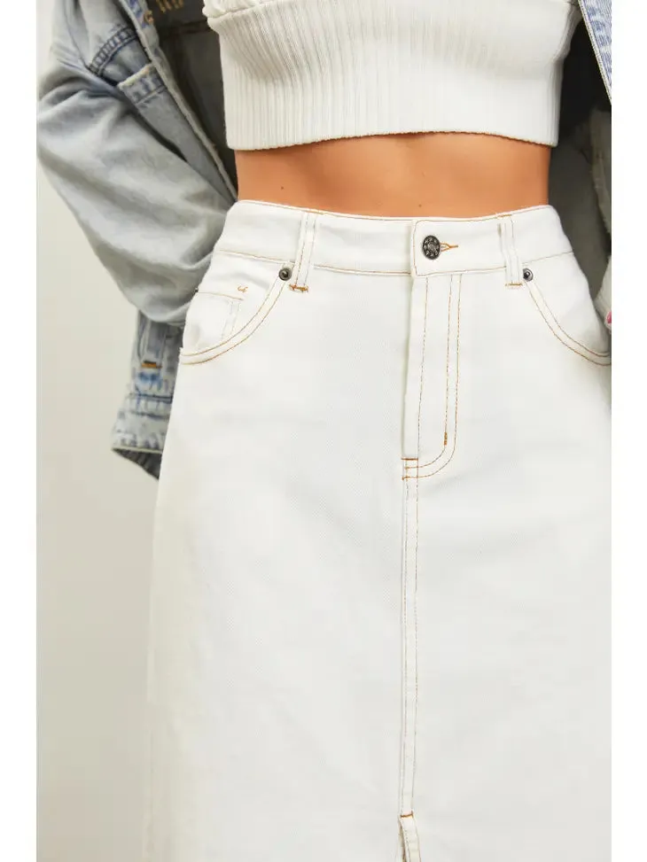 White Color Front Slit Long Denim Skirt