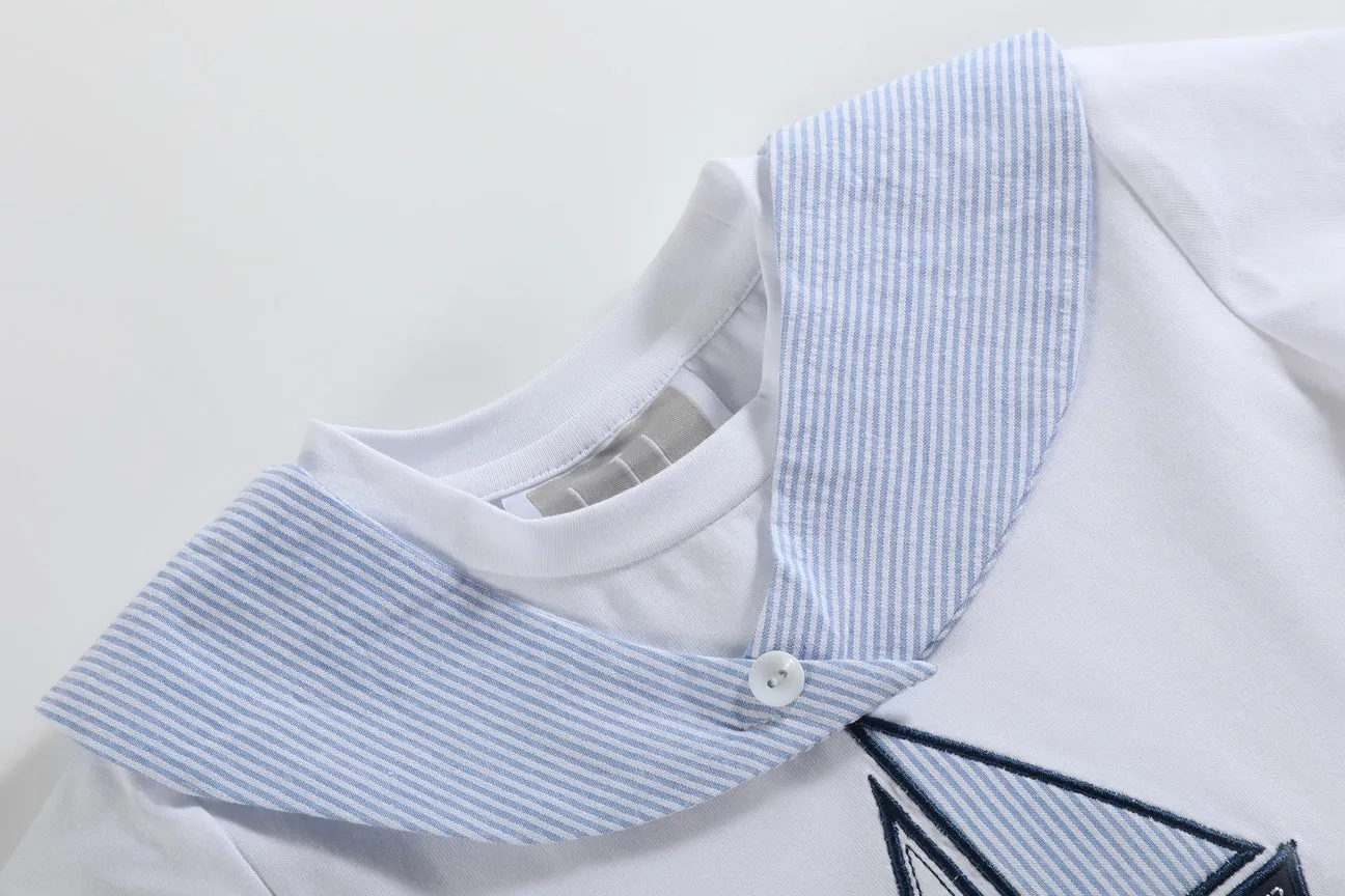 White Sailboat Tee and Blue Seersucker Shorts Set