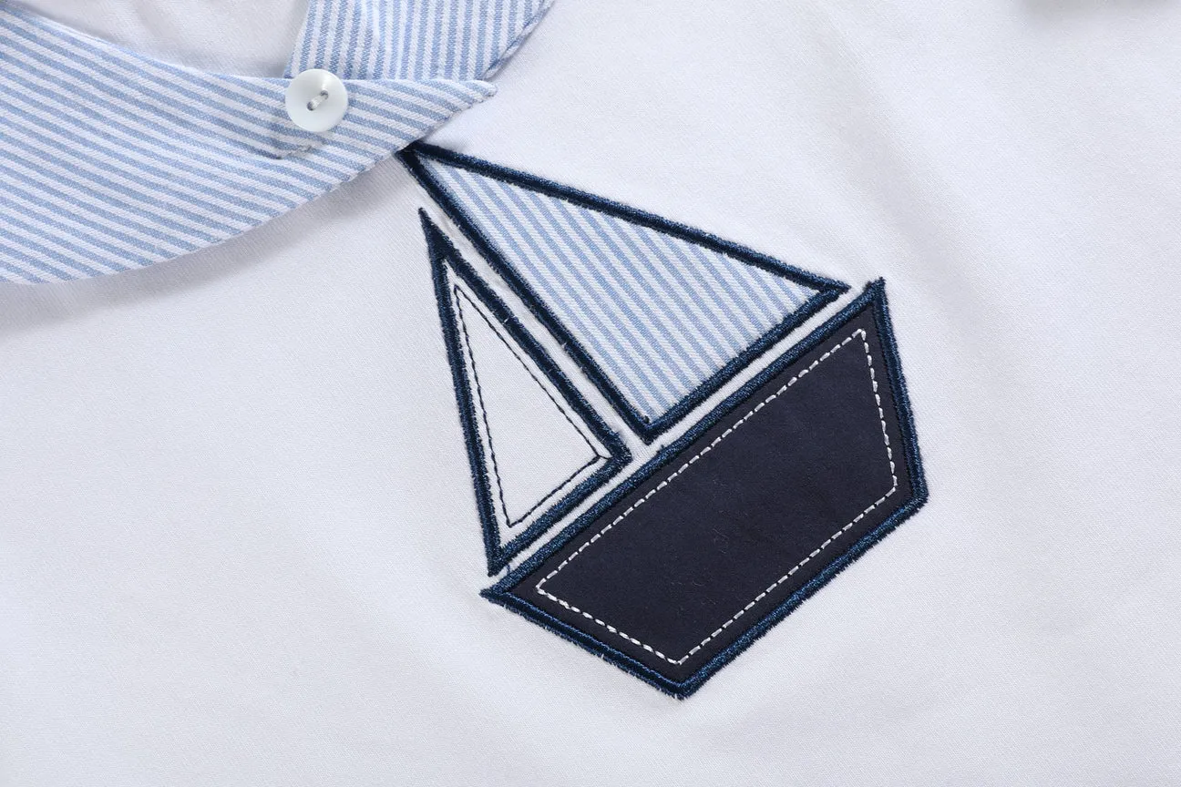 White Sailboat Tee and Blue Seersucker Shorts Set