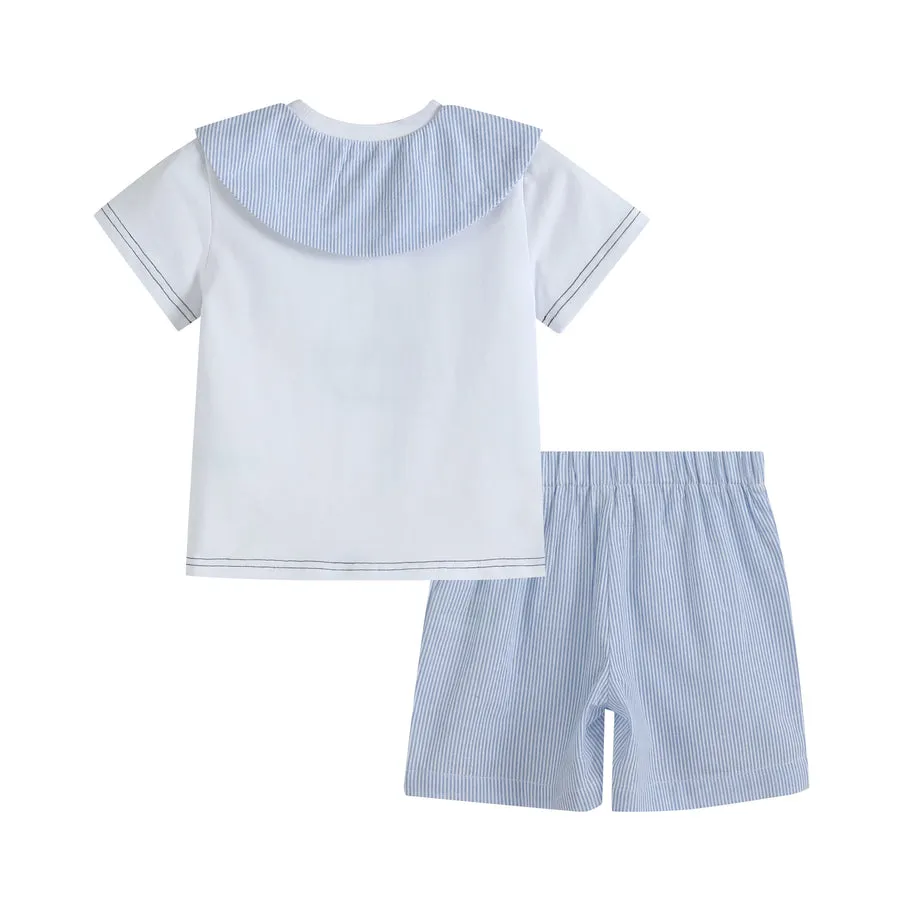 White Sailboat Tee and Blue Seersucker Shorts Set