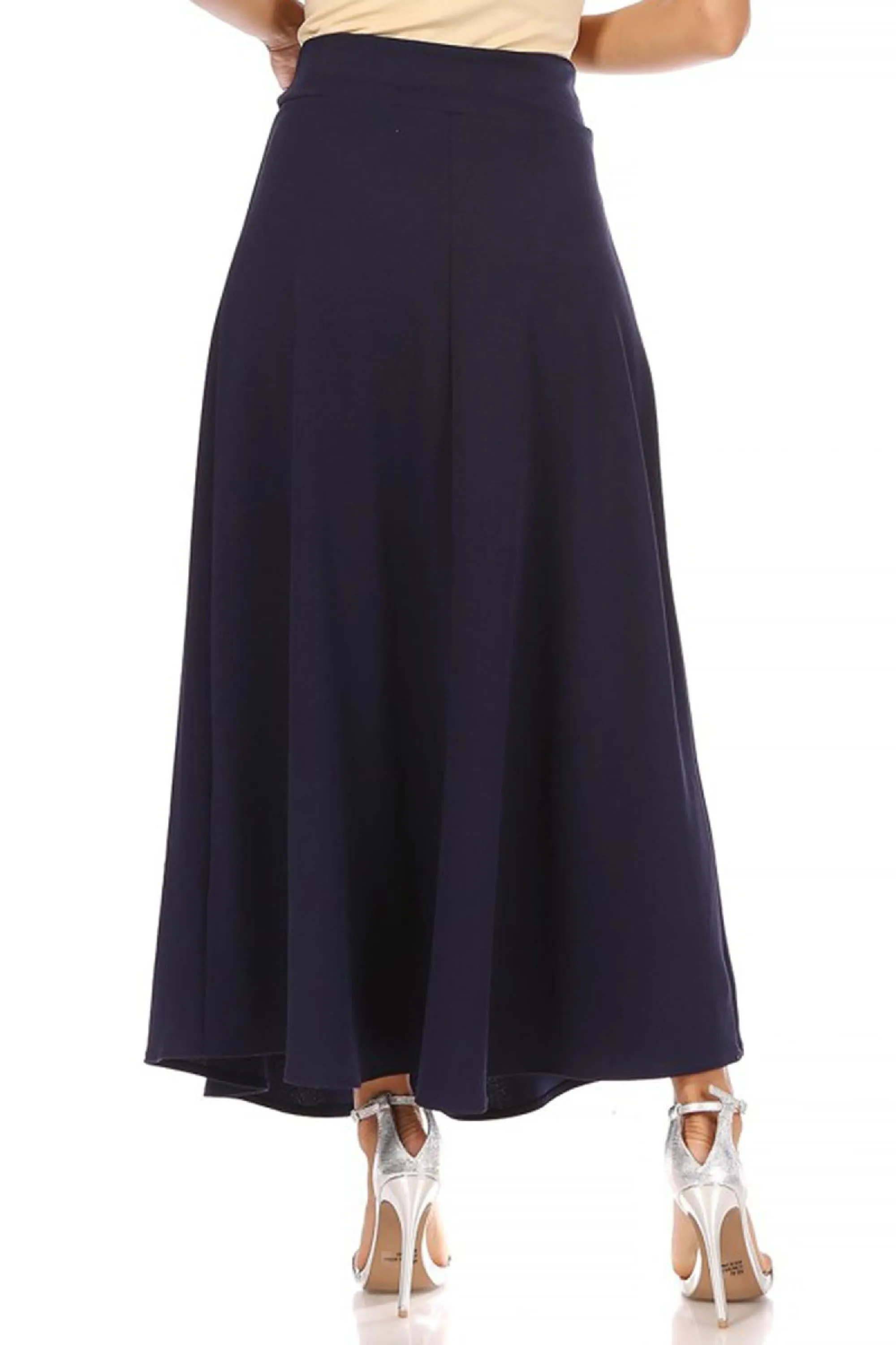 Women's Casual Solid Flare A-line Long Skirt with Elastic Waistband